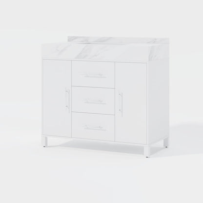 39.4" Freestanding White Bathroom Vanity, Sintered Stone Countertop & Silver Handles