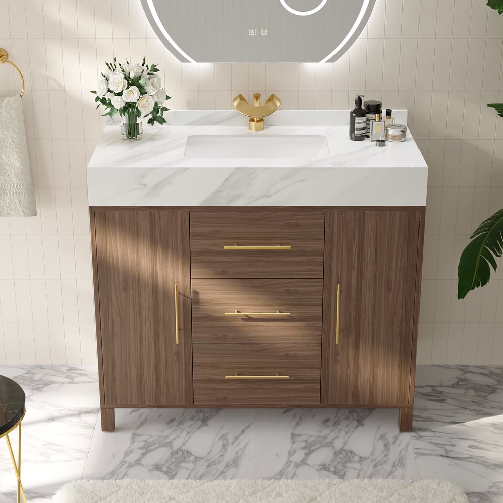 Modern 39" Walnut Sintered Stone Top Bathroom Vanity Set