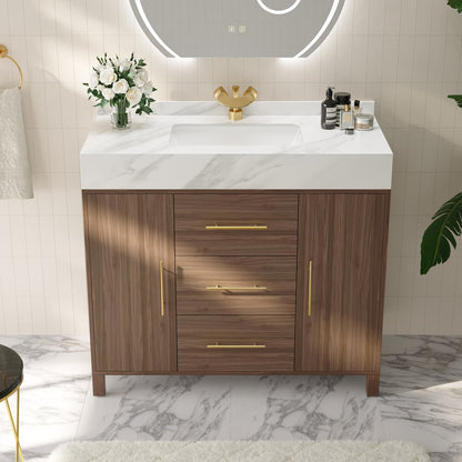 Modern 39" Walnut Sintered Stone Top Bathroom Vanity Set