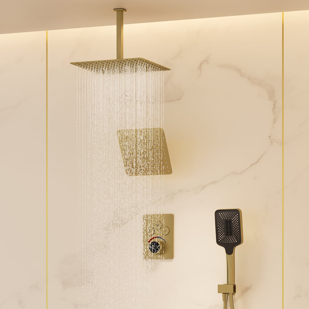 Dual Head Shower System – 12" Ceiling & 8" Wall Shower with Handheld, Solid Brass