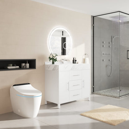 39.4" Freestanding White Bathroom Vanity, Sintered Stone Countertop & Silver Handles