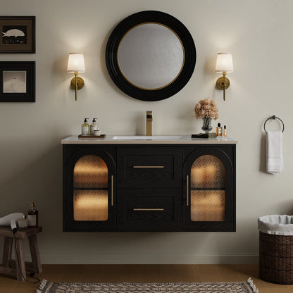 42" Arune Black Bathroom Vanity with Arched Glass Doors, Drawers and Light