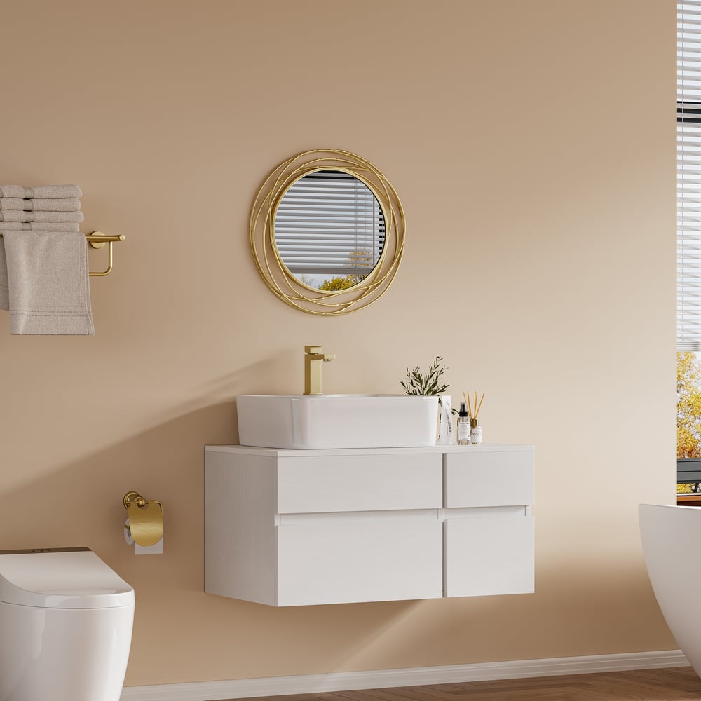 Modern 31.5" Floating Single Bathroom Vanity with Stone Resin Top, Ceramic Basin