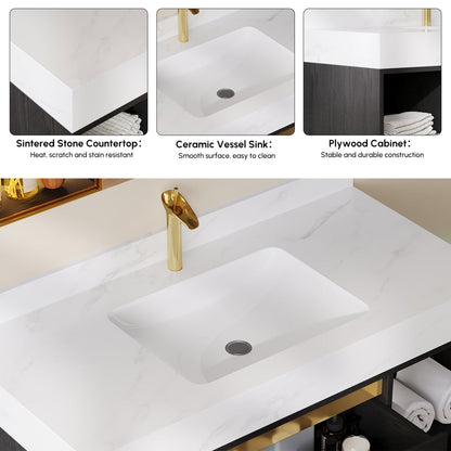 Modern 39.4" Floating Single Bathroom Vanity with Sink in Black, Sintered Stone Top