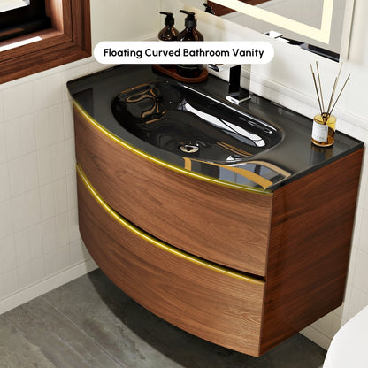 Modern 31.5" Floating Bathroom Vanity with One-piece Glass Basin 2 Drawers in Walnut