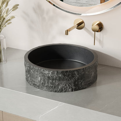 16'' Black Concrete Vessel Sink Modern Stone Textured Round Bathroom Sink
