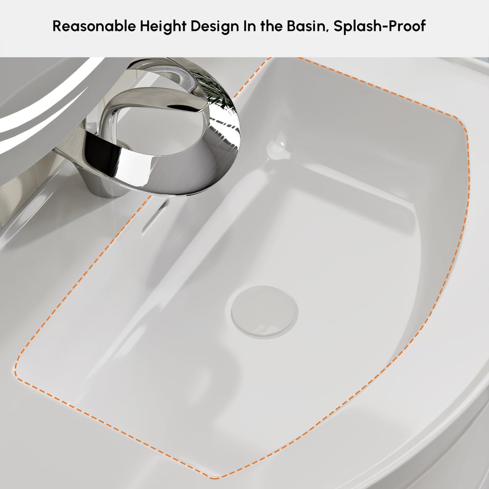 Floating Curved Bathroom Vanity in White & Round LED Medicine Cabinet Set Right Offset