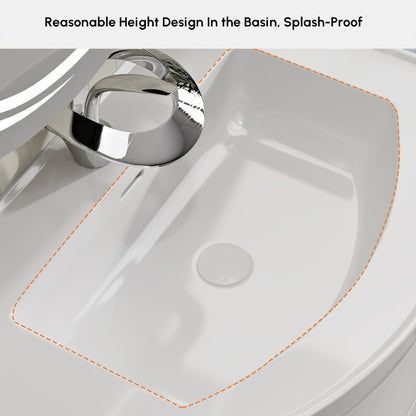 Floating Curved Bathroom Vanity in White & Round LED Medicine Cabinet Set Right Offset