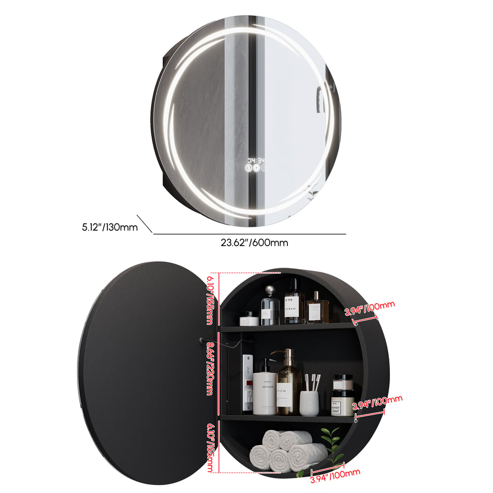 Floating Curved Bathroom Vanity in White & Round LED Medicine Cabinet Set Right Offset
