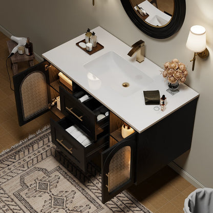 42" Arune Black Bathroom Vanity with Arched Glass Doors, Drawers and Light