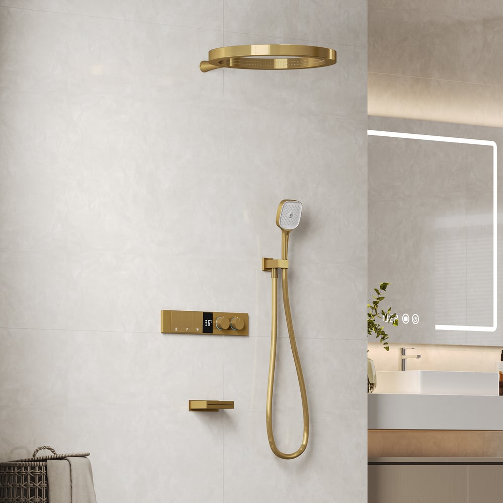 Luxury Gold Thermostatic Shower System with Overhead Rainfall & Handheld Spray