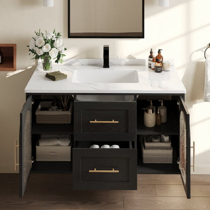 42" Arune Black Bathroom Vanity with Arched Glass Doors, Drawers and Light