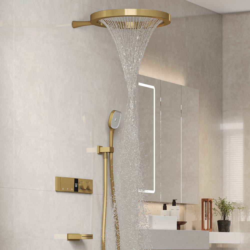 Luxury Gold Thermostatic Shower System with Overhead Rainfall & Handheld Spray