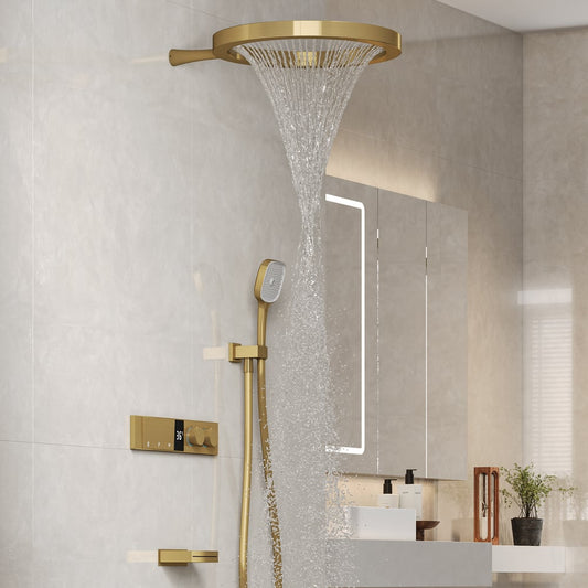 Luxury Gold Thermostatic Shower System with Overhead Rainfall & Handheld Spray