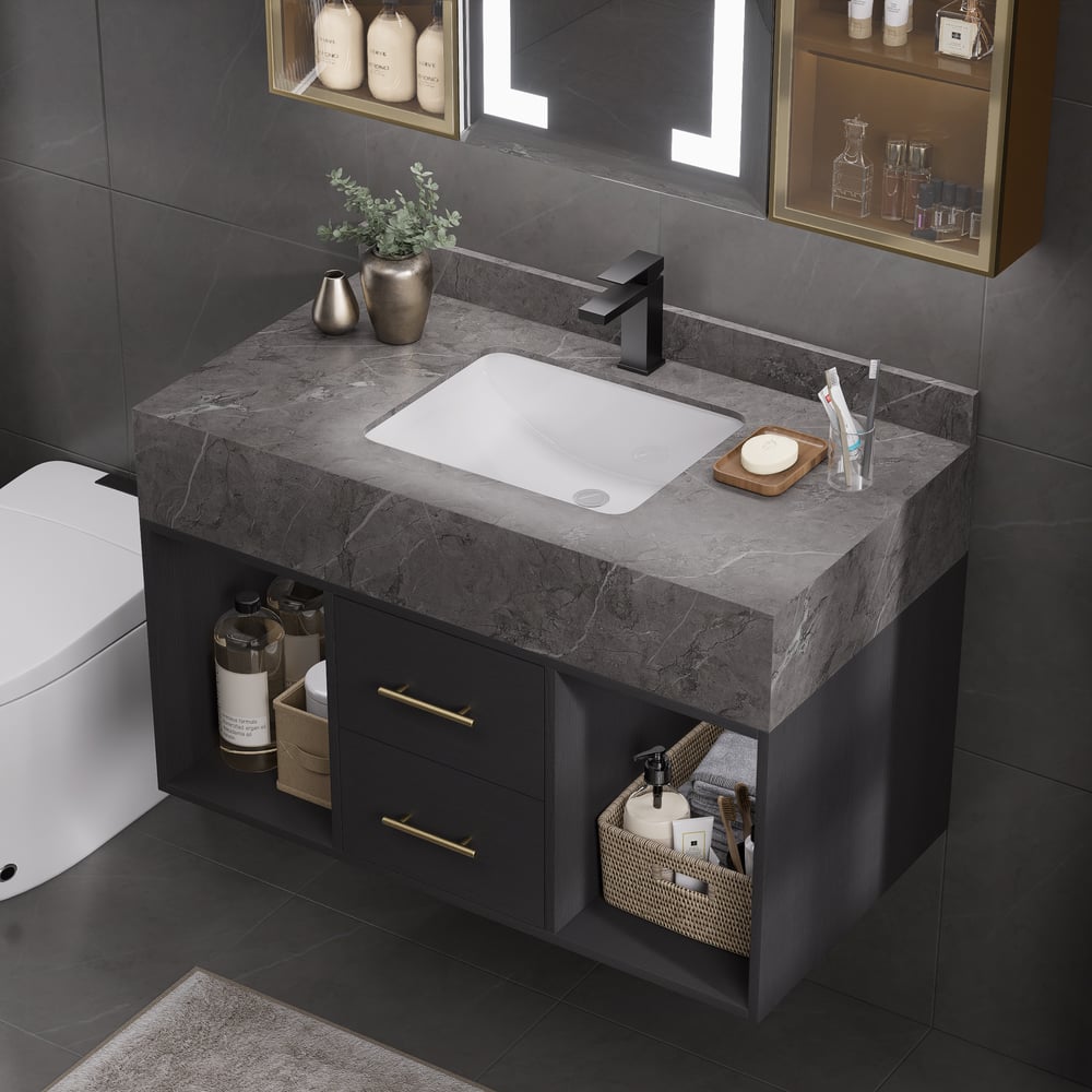 Modern 35.4" Floating Single Bathroom Vanity with Sink, Sintered Stone Top