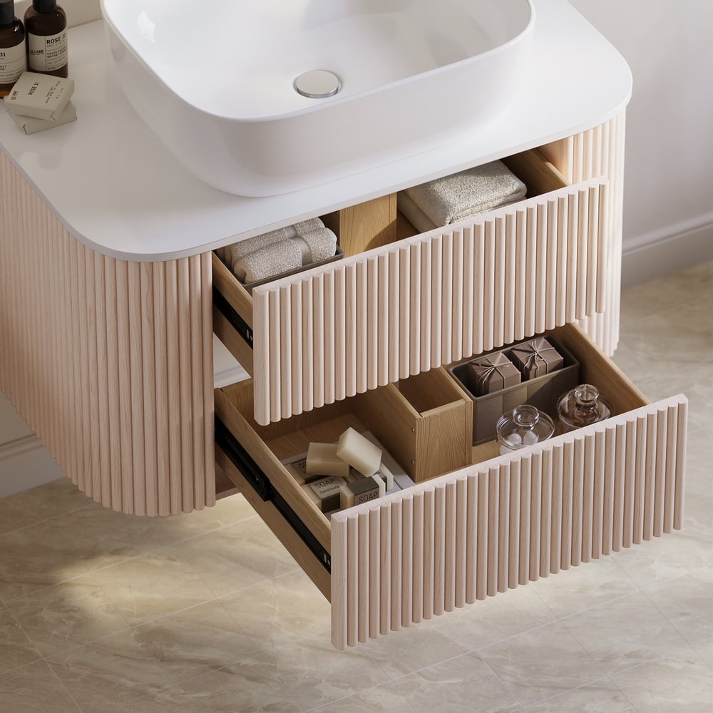 31.5" Whitewash Fluted Bathroom Vanity with Vessel Sink – Wall-Mounted Floating Design