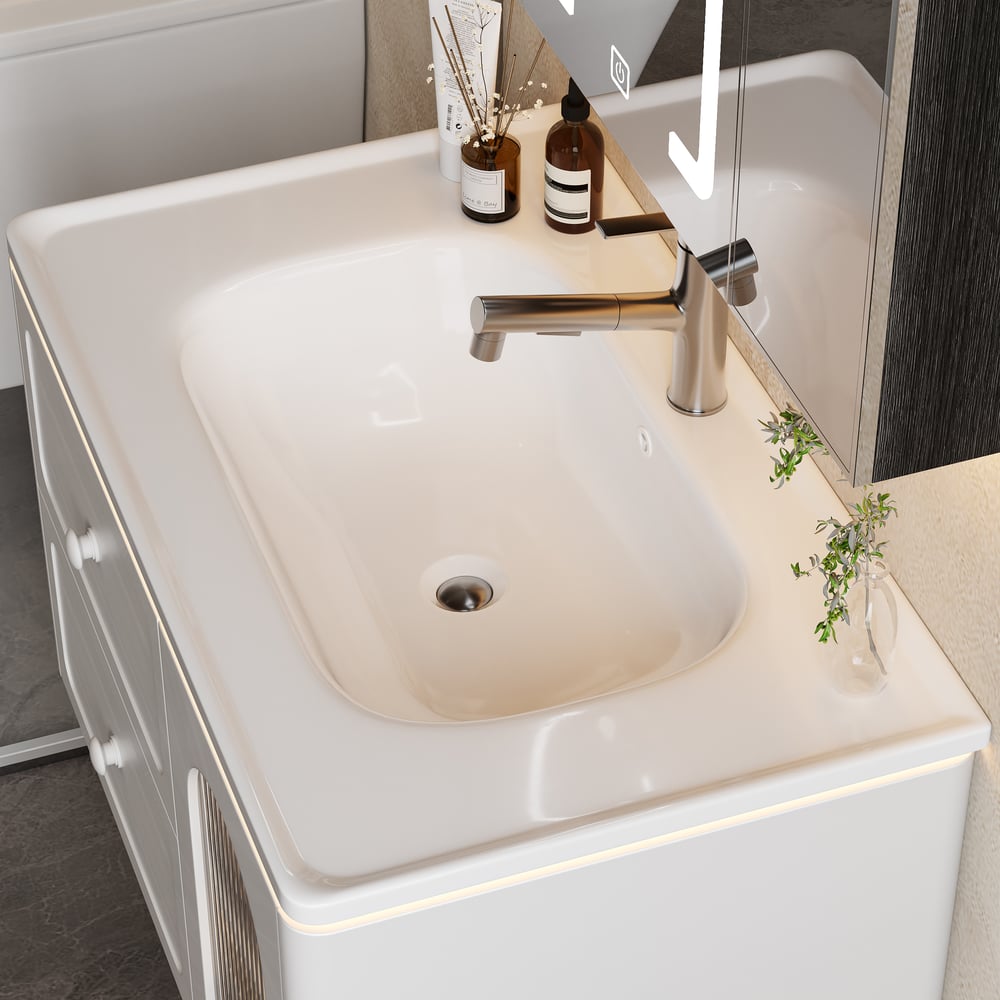 31.5" Modern Floating LED Bathroom Vanity with Ribbed Glass Door & Drawers