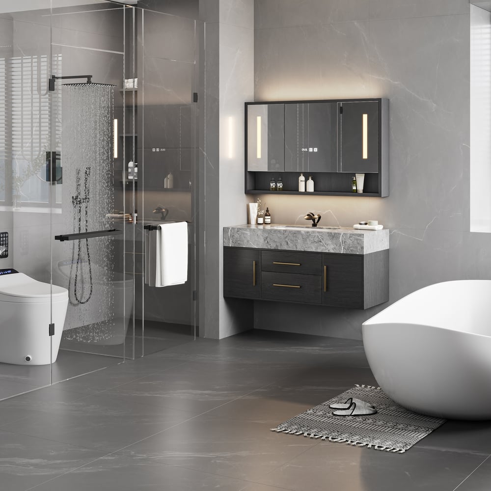 Modern 39" Black Floating Single Bathroom Vanity with Sintered Stone Top and Sink