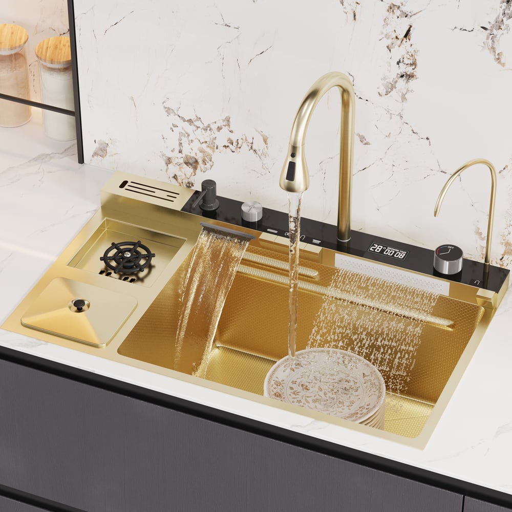 Multi-Function Stainless Steel Kitchen Sink 32.3" × 18.9" with Pull-Out Faucet