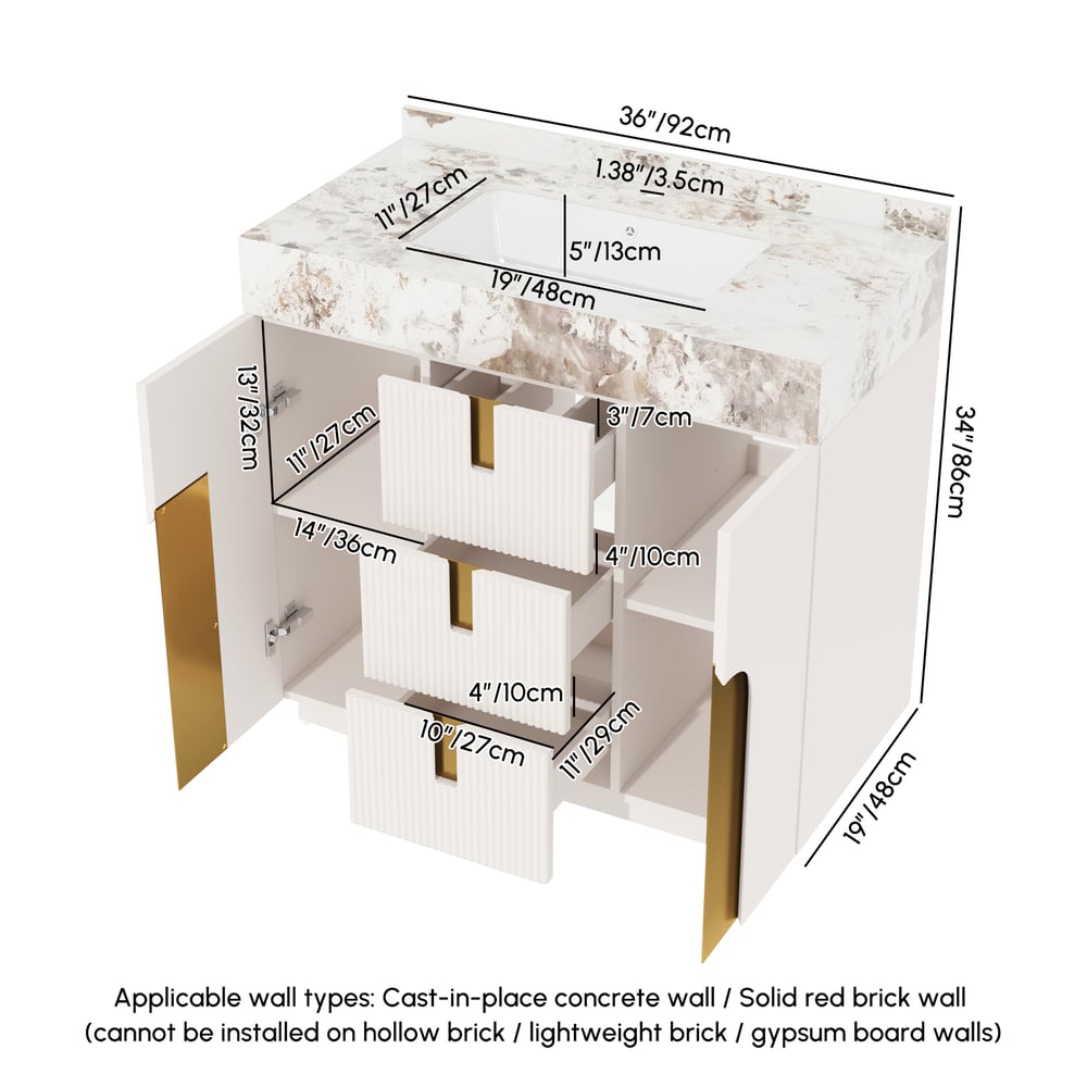 36" Artis Freestanding Bathroom Vanity Single Sink Vanity Cabinet Sintered Stone Top
