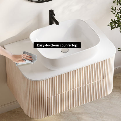 31.5" Whitewash Fluted Bathroom Vanity with Vessel Sink – Wall-Mounted Floating Design