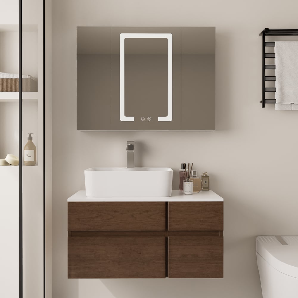 Modern 31.5" Floating Single Bathroom Vanity with Stone Resin Top, Ceramic Basin