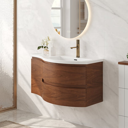35" Floating Single Curved Bathroom Vanity with Sink & Storage