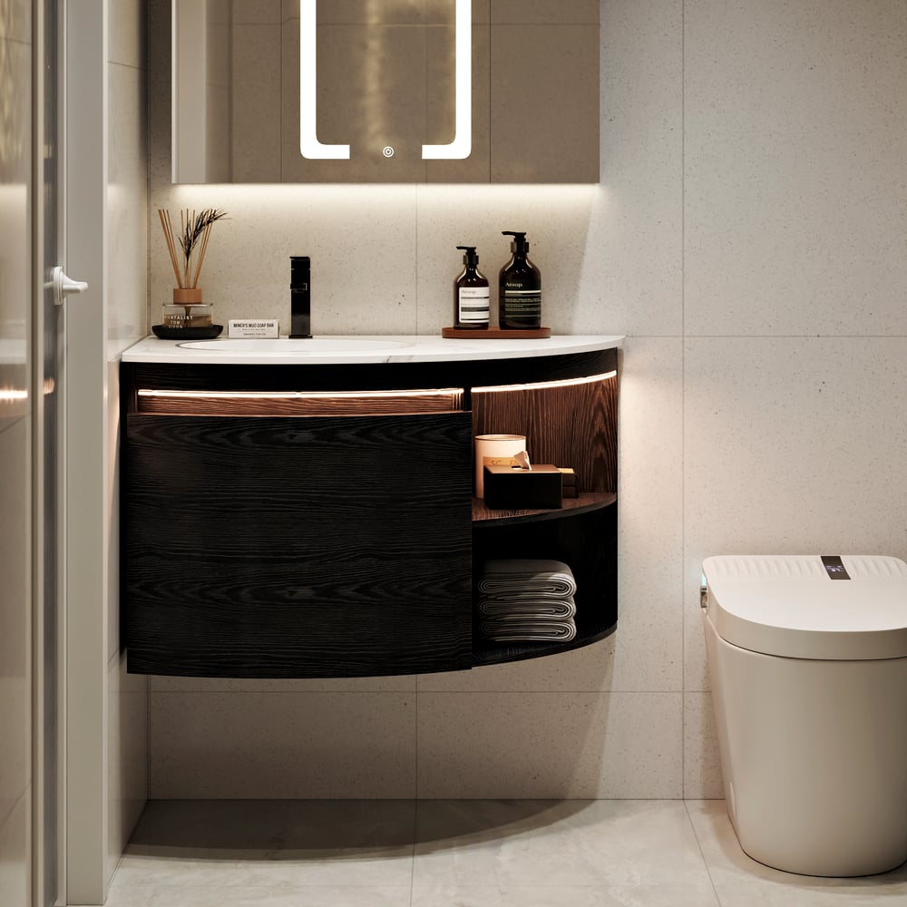 Modern 36" Corner Floating Single Bathroom Vanity with Sink, LED Light, Storage