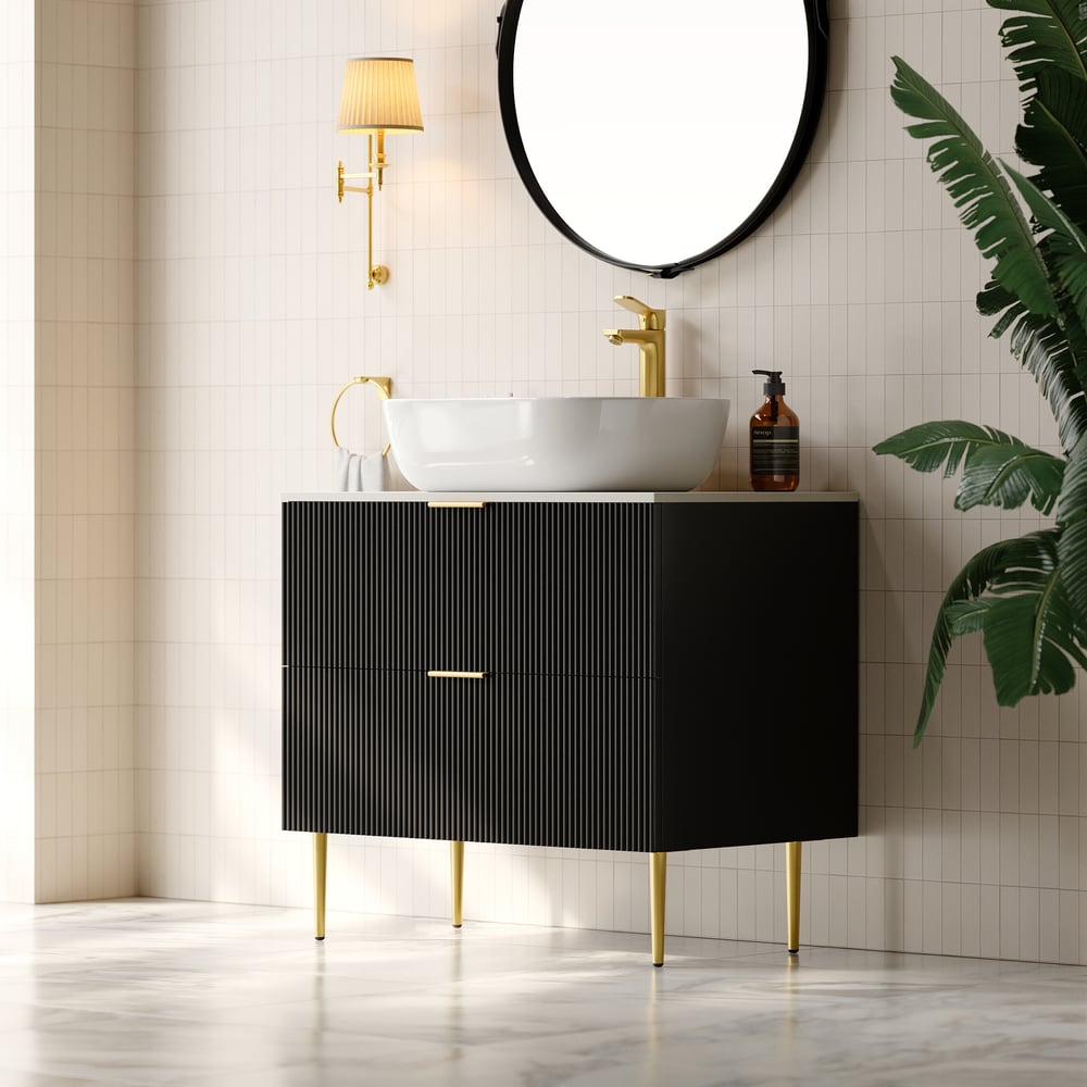 31.5'' Black Single Fluted Bathroom Vanity with Vessel Sink and 2 Drawers