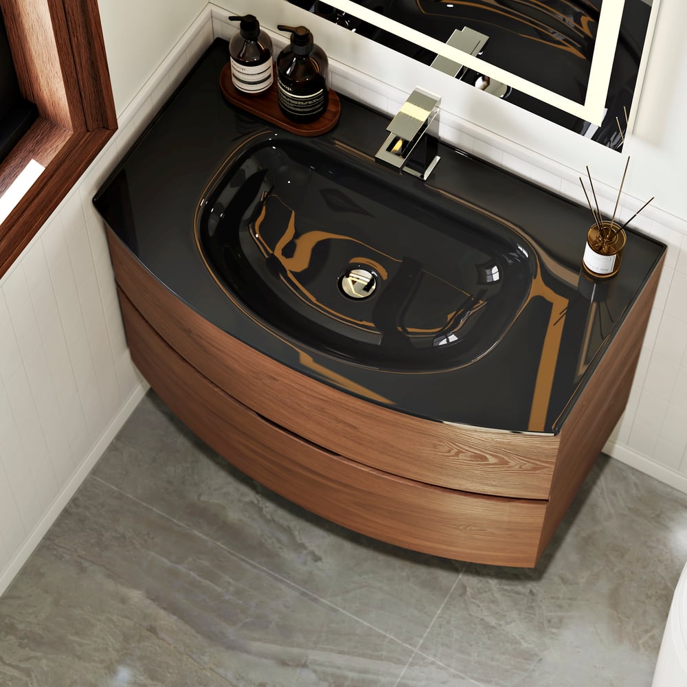 Modern 31.5" Floating Bathroom Vanity with One-piece Glass Basin 2 Drawers in Walnut