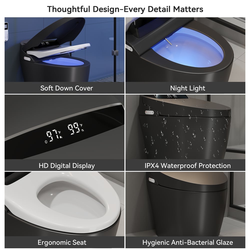 Hynova AX1 Pro Smart Bidet Toilet with Zero Water Pressure & Auto Flush, Black, 1.28 GPF