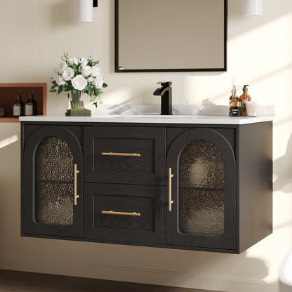 42" Arune Black Bathroom Vanity with Arched Glass Doors, Drawers and Light
