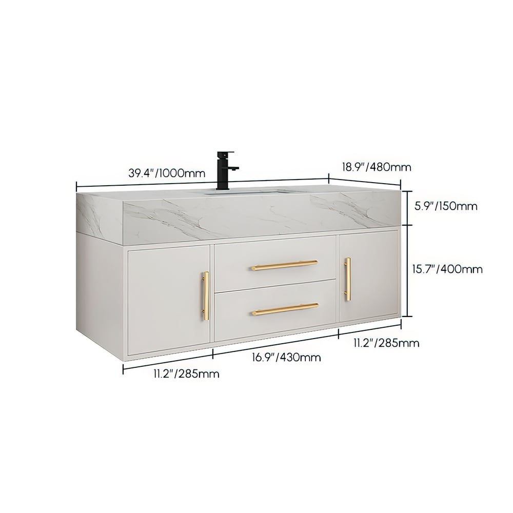 Modern 39" White Floating Single Bathroom Vanity with Sintered Stone Top and Sink