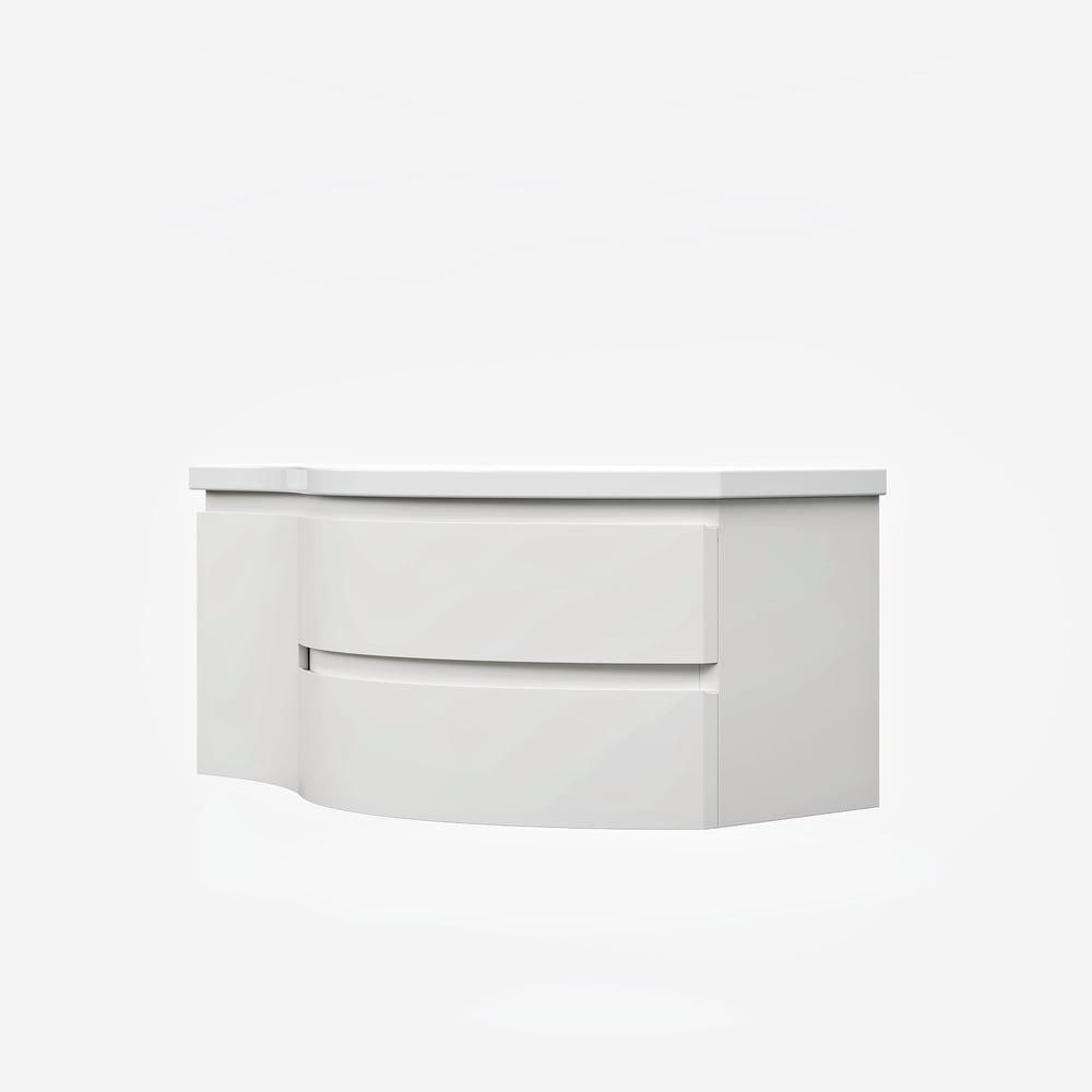 Floating Curved Bathroom Vanity in White & Round LED Medicine Cabinet Set Right Offset