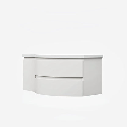 Floating Curved Bathroom Vanity in White & Round LED Medicine Cabinet Set Right Offset