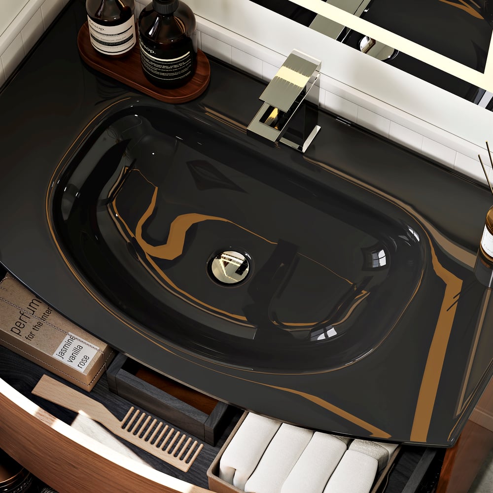 Modern 31.5" Floating Bathroom Vanity with One-piece Glass Basin 2 Drawers in Walnut