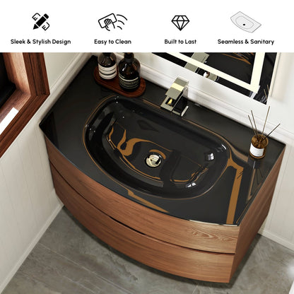 Modern 31.5" Floating Bathroom Vanity with One-piece Glass Basin 2 Drawers in Walnut