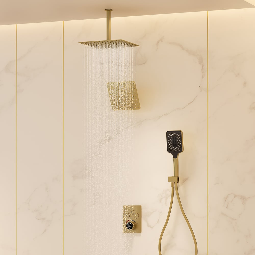 Dual Head Shower System – 12" Ceiling & 8" Wall Shower with Handheld, Solid Brass