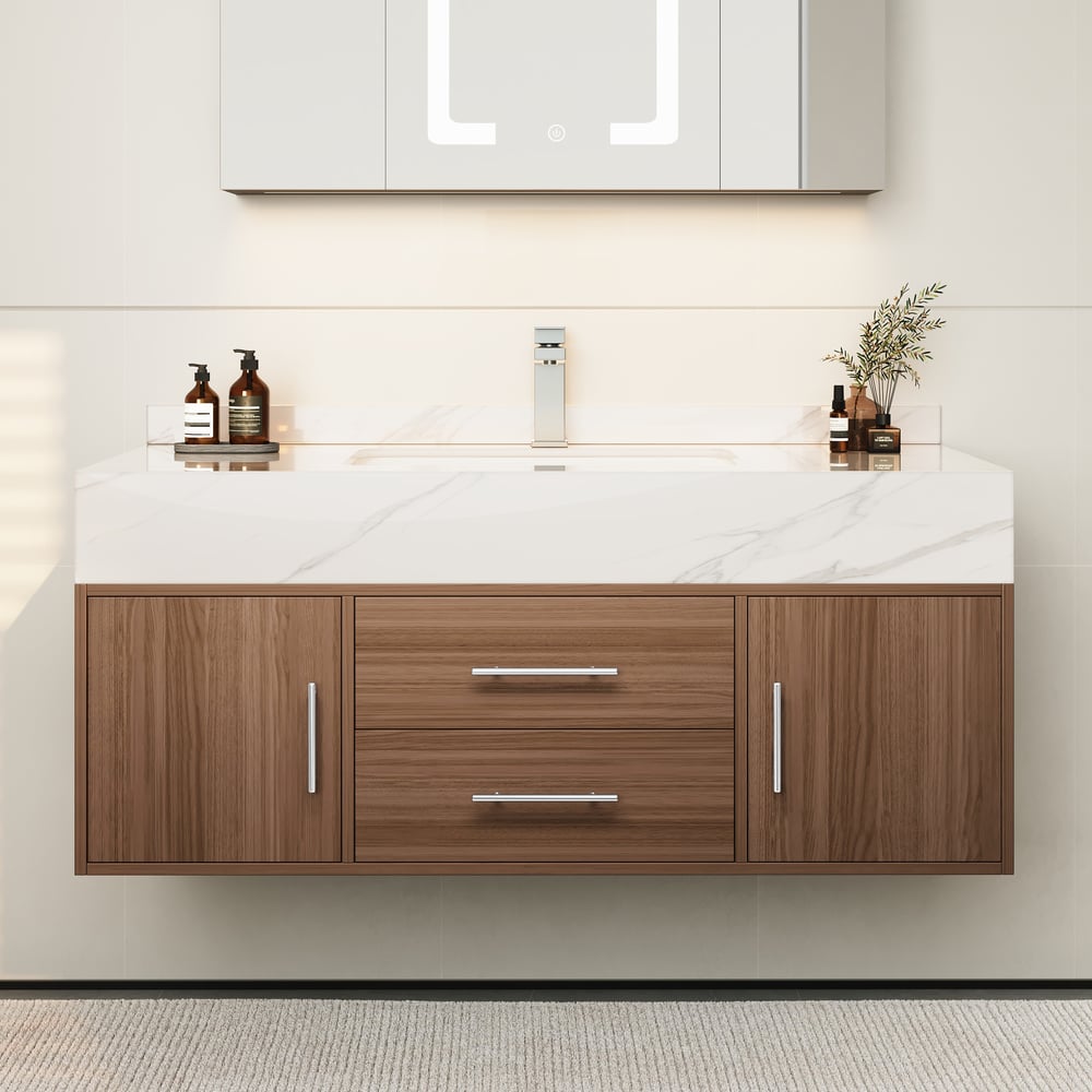 Modern 39" Walnut Floating Single Bathroom Vanity with Sintered Stone Top and Sink
