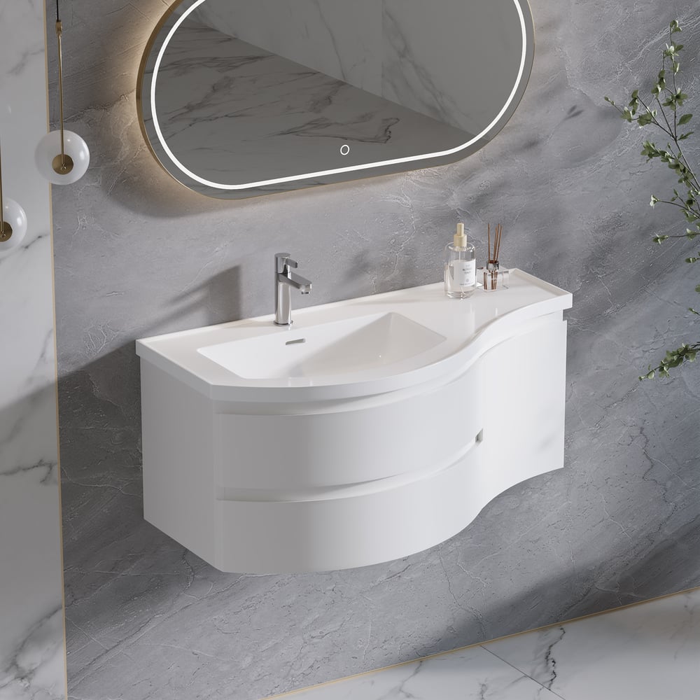35" Floating Single Curved Bathroom Vanity with Sink & Storage