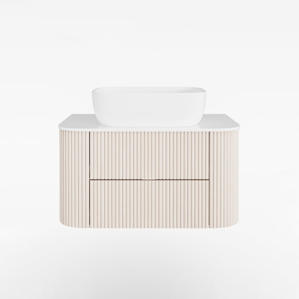 31.5" Whitewash Fluted Bathroom Vanity with Vessel Sink – Wall-Mounted Floating Design