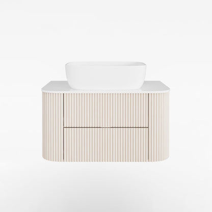 31.5" Whitewash Fluted Bathroom Vanity with Vessel Sink – Wall-Mounted Floating Design