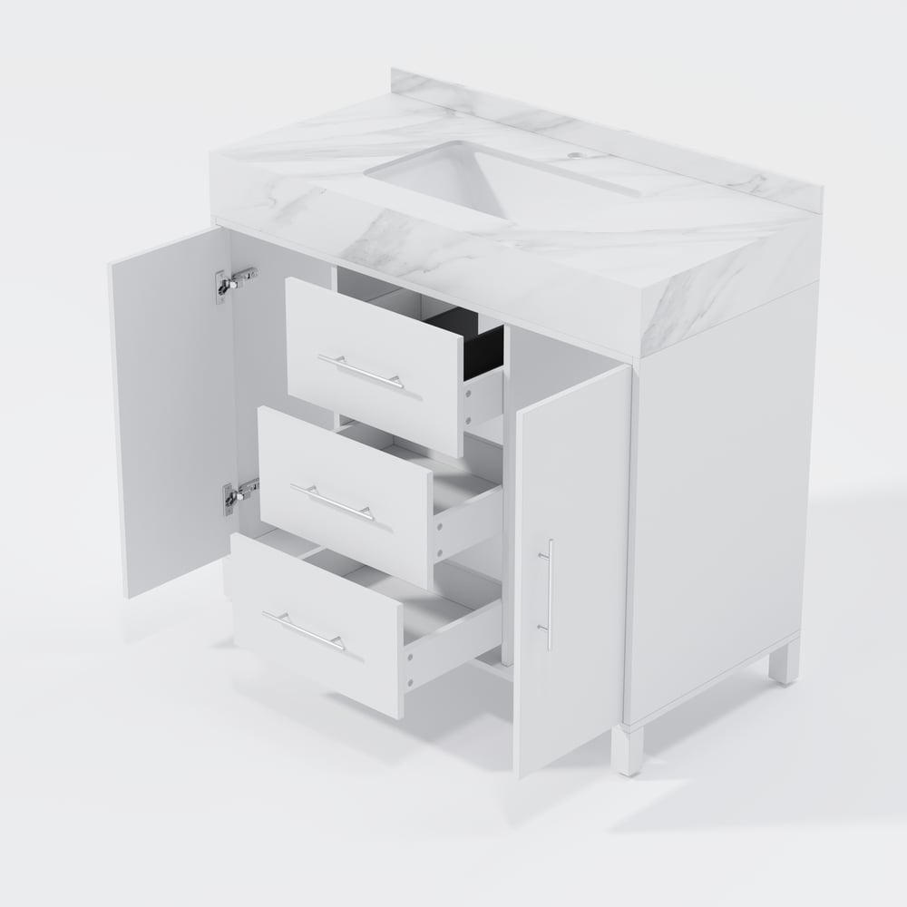 39.4" Freestanding White Bathroom Vanity, Sintered Stone Countertop & Silver Handles