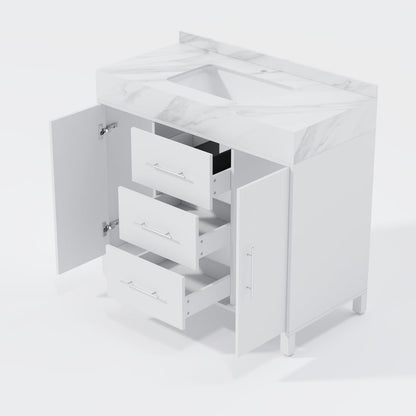 39.4" Freestanding White Bathroom Vanity, Sintered Stone Countertop & Silver Handles