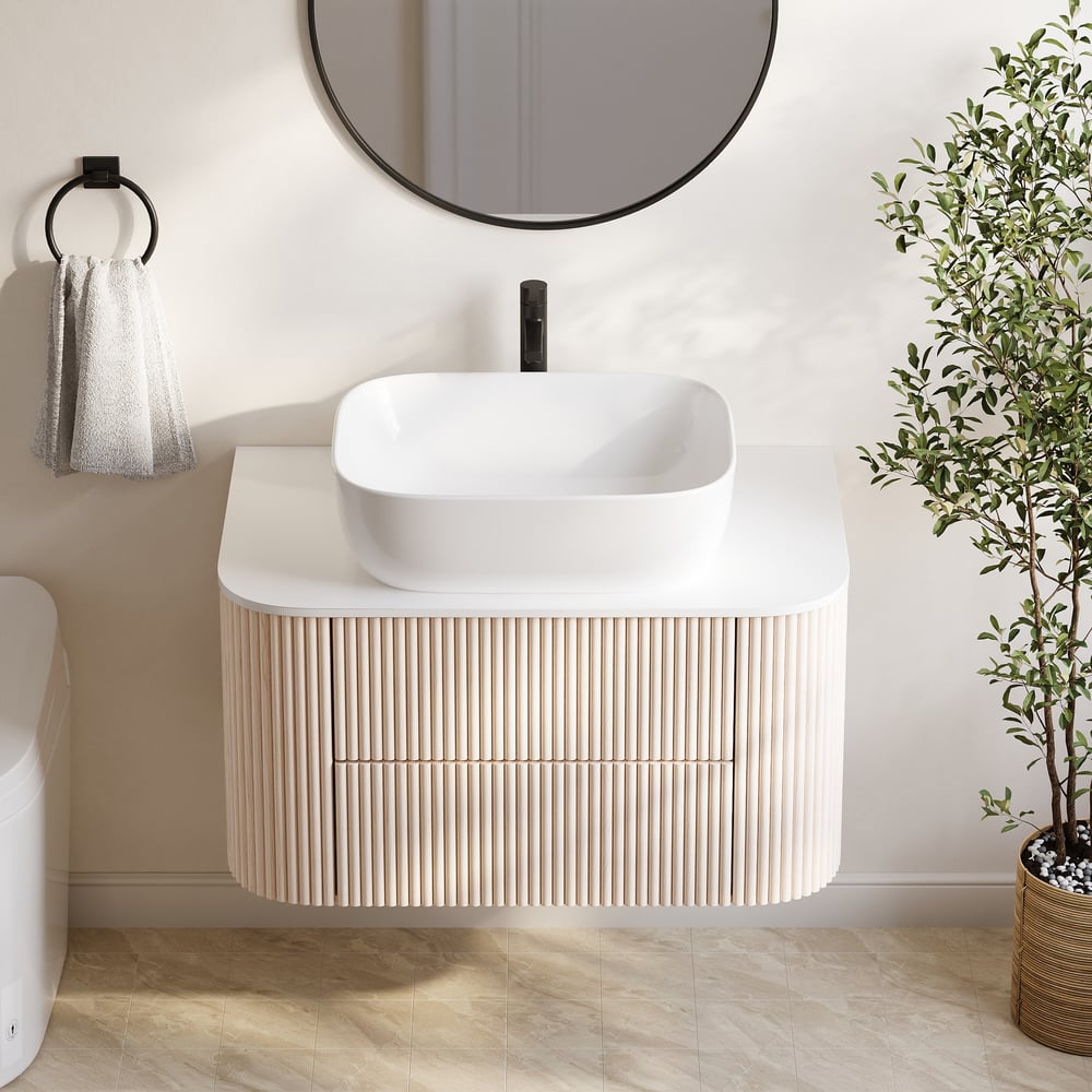 31.5" Whitewash Fluted Bathroom Vanity with Vessel Sink – Wall-Mounted Floating Design
