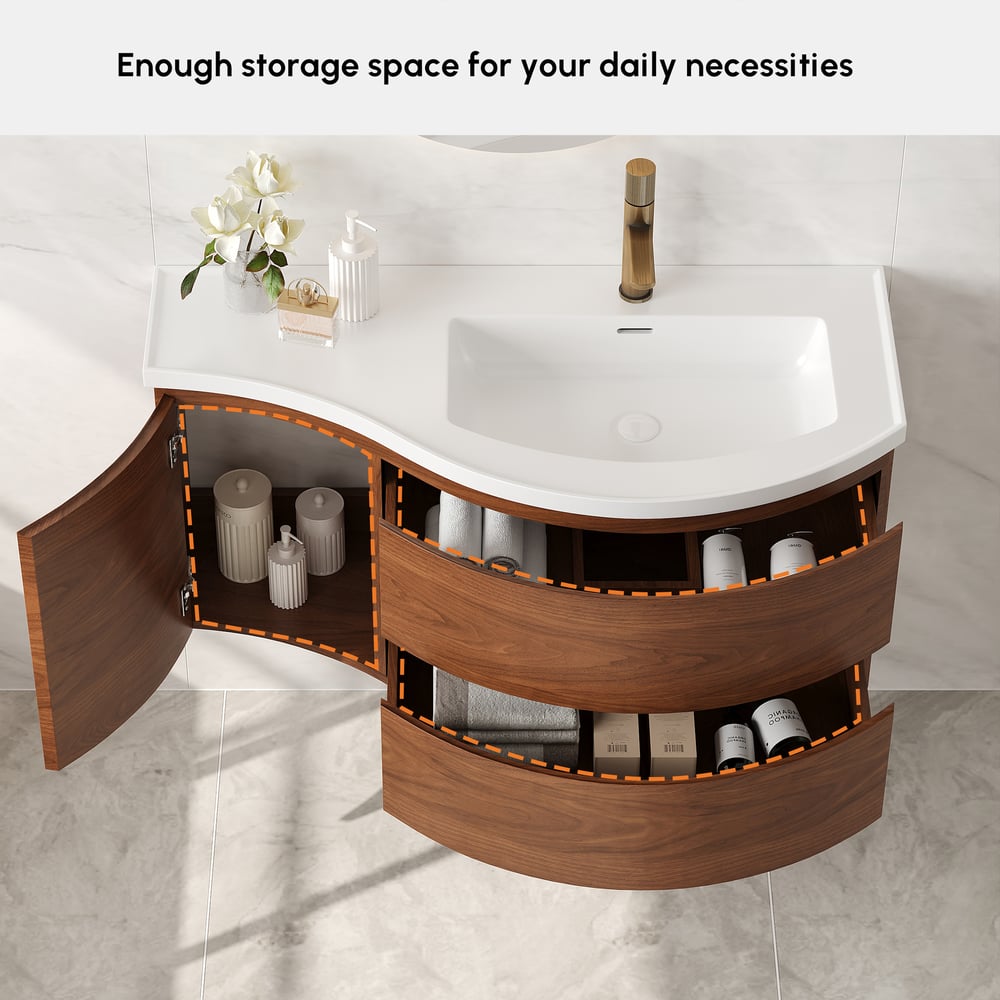 35" Floating Single Curved Bathroom Vanity with Sink & Storage