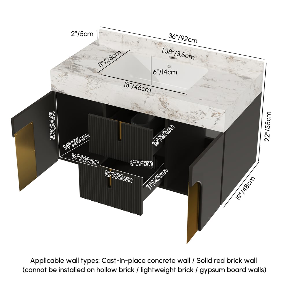 Artis 36" Floating Single Bathroom Vanity with Sink, Sintered Stone Top, Ample Storage
