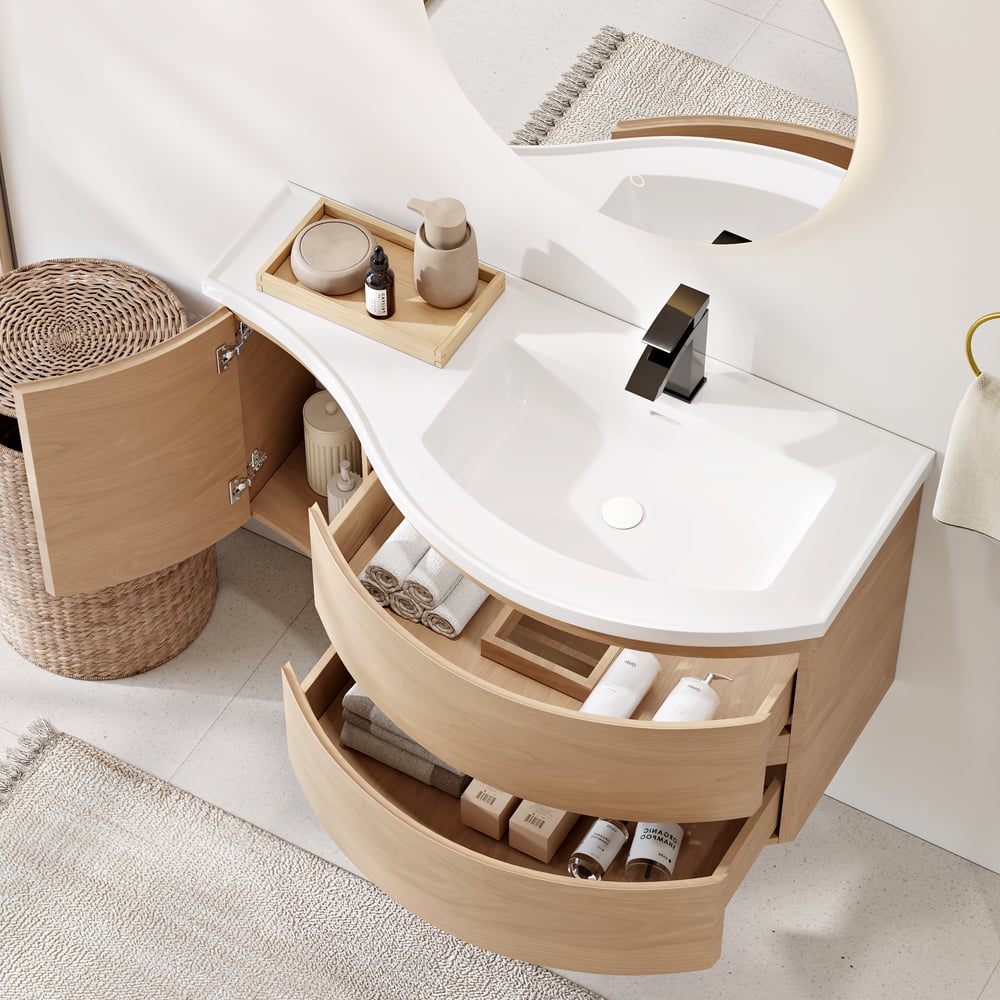 35" Floating Single Curved Bathroom Vanity with Sink & Storage