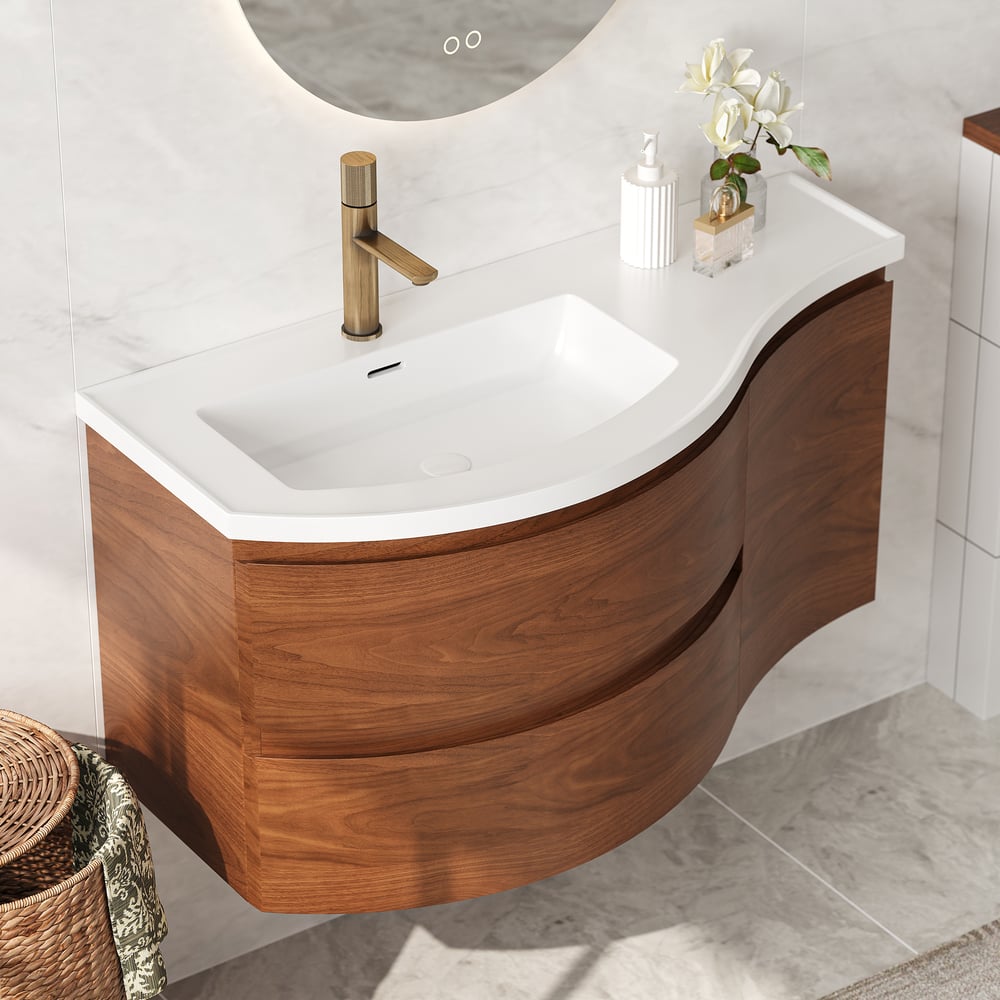 35" Floating Single Curved Bathroom Vanity with Sink & Storage
