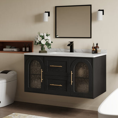 42" Arune Black Bathroom Vanity with Arched Glass Doors, Drawers and Light